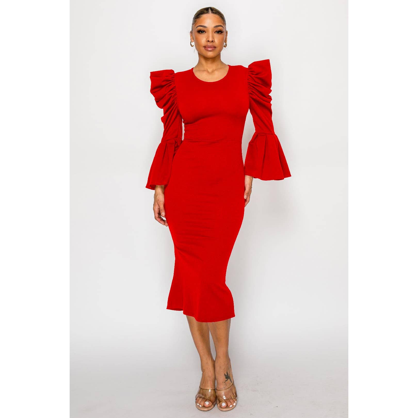 DORCAS - Vendita all'ingrosso Vestito - Donna - ABITO MIDI A SIRENA CON MANICHE A SBUFFO FUMÉ0