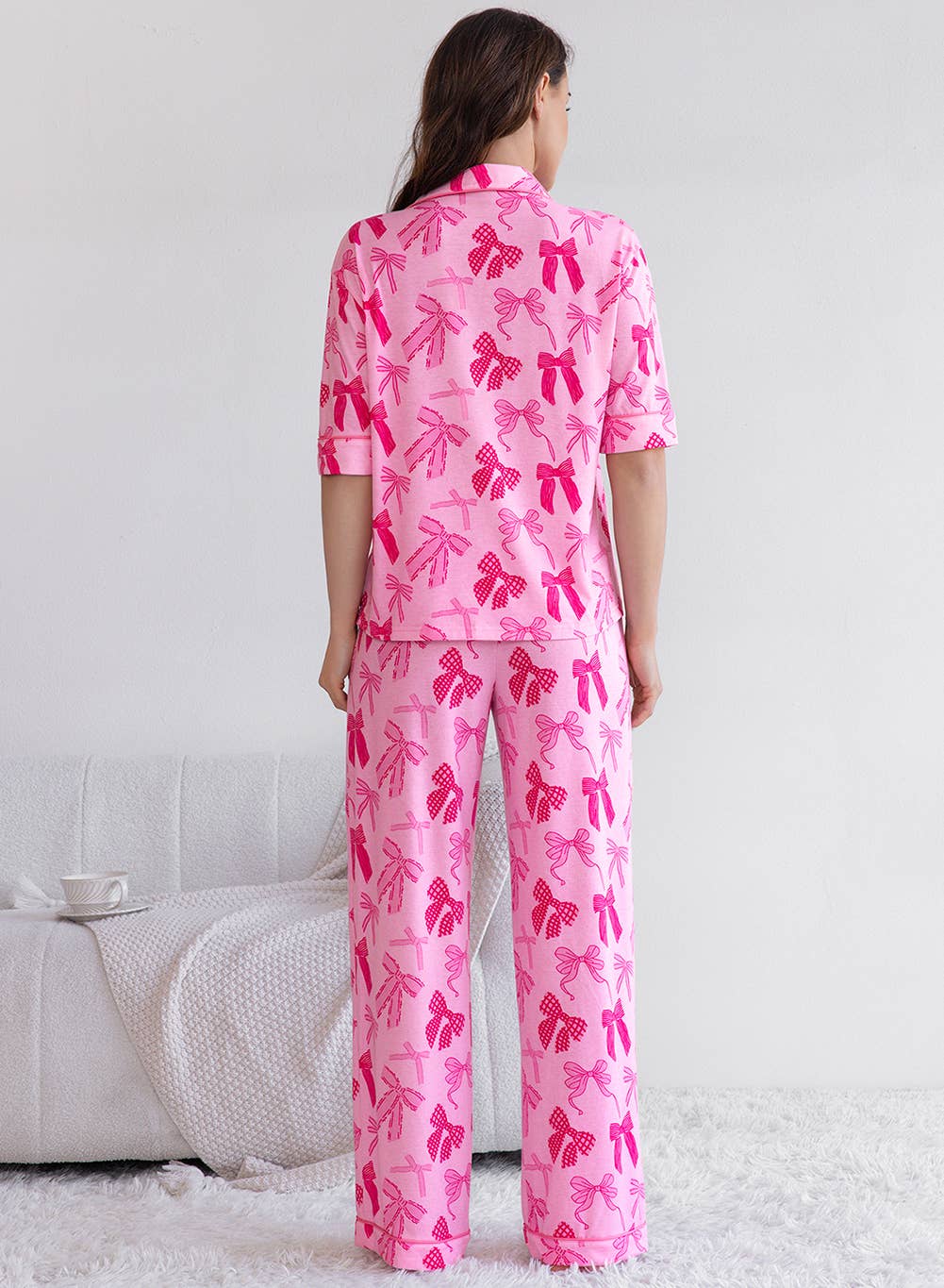 Pink Bow Knot Print Short Sleeve Top and Pants Pajamas Set for wholesale on Faire1