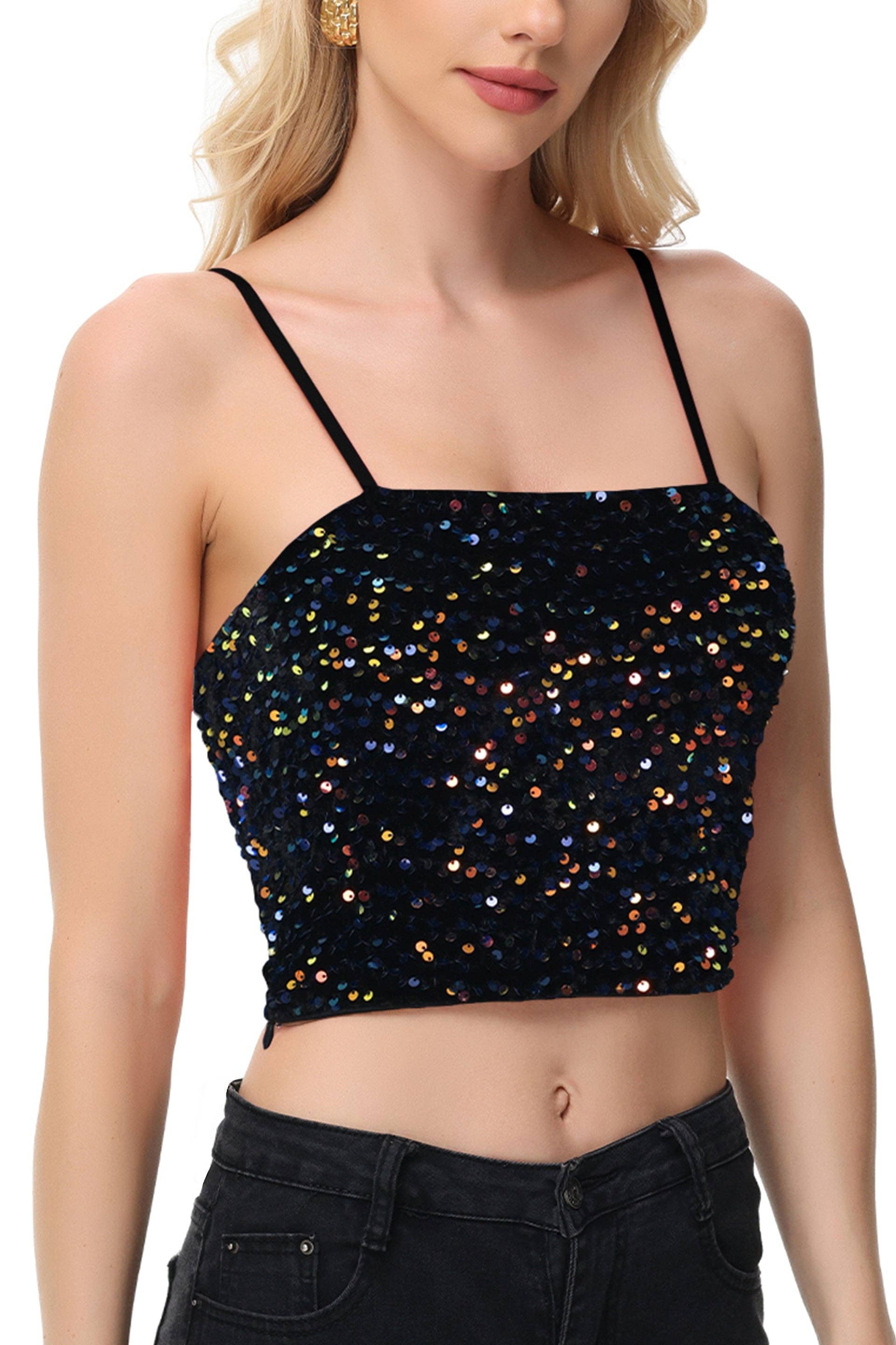Anna Kaci Wholesale - Wholesale Camisole - Women's - Sparkly Sequin Cami Tops Crop Club Party Glitter Spaghetti36