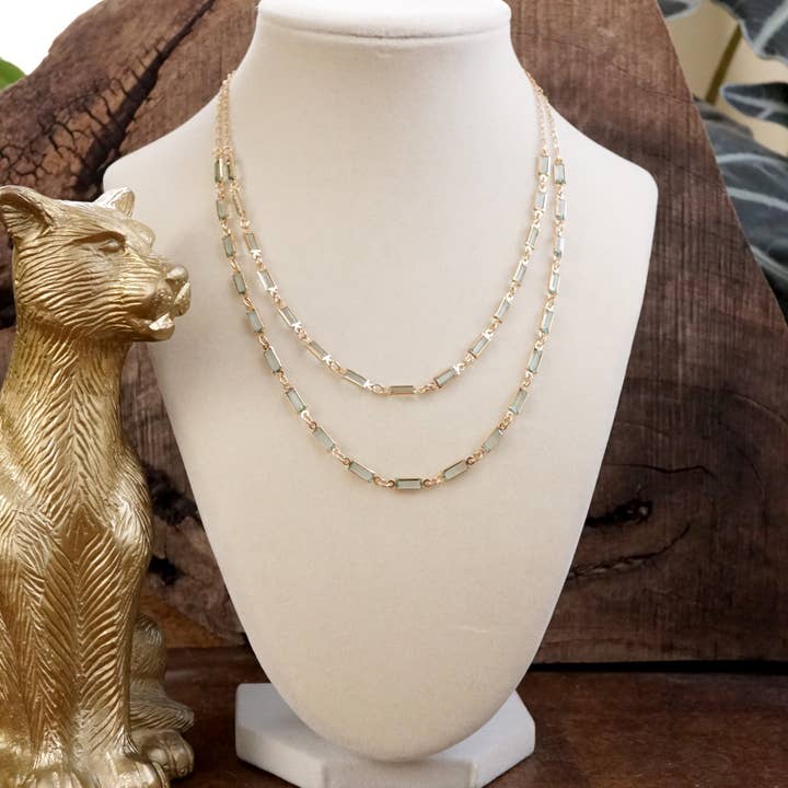 PennyLine inc - Wholesale Link & Chain Necklace - Twice the Sparkle – Double Layer Baguette Crystal Necklace in Gold Tone5