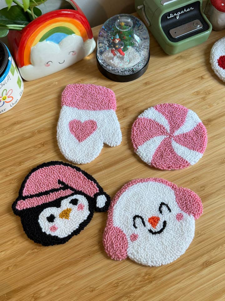 Pink Christmas Coaster,Punch Needle MUG RUG Coaster Handmade for wholesale by MUUDLAND