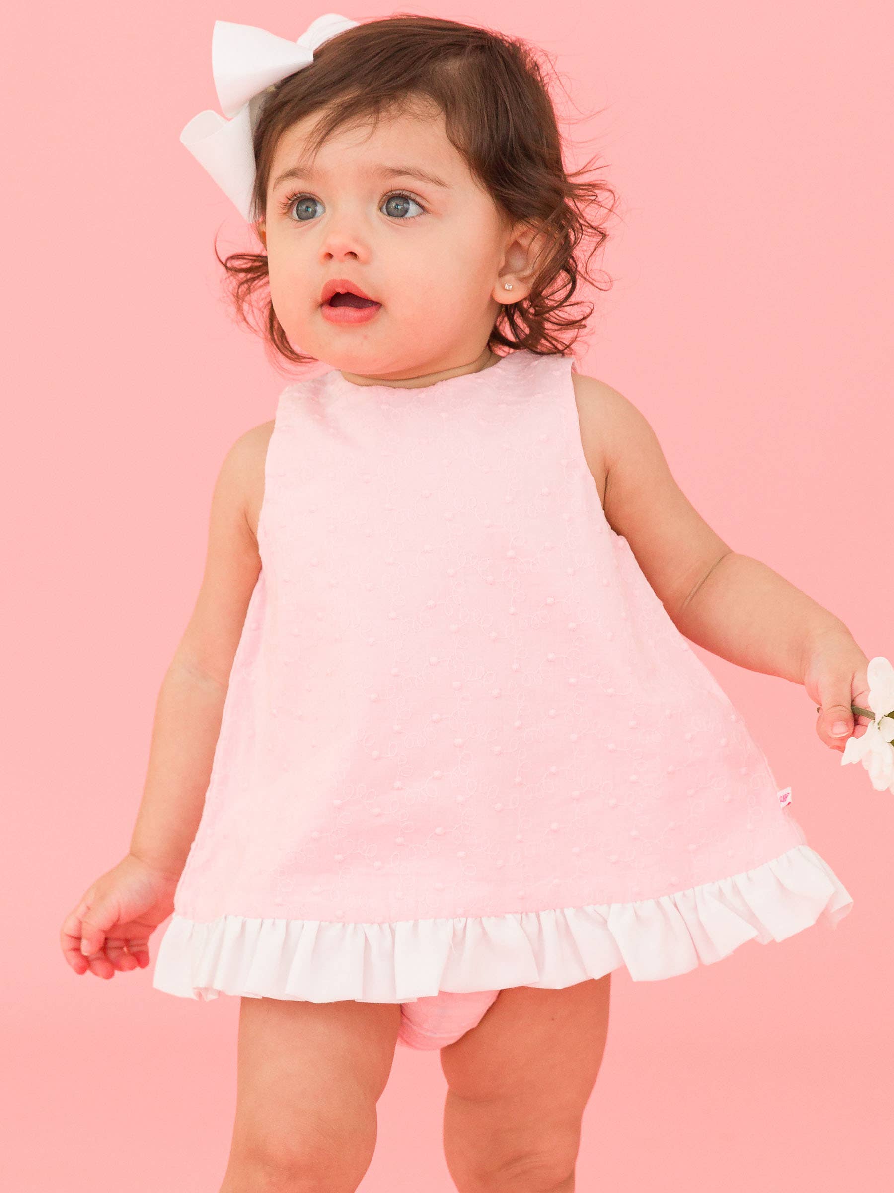 Baby Girls Pink & White Swiss Dot Swing Top & Bloomer Set for wholesale on Faire2