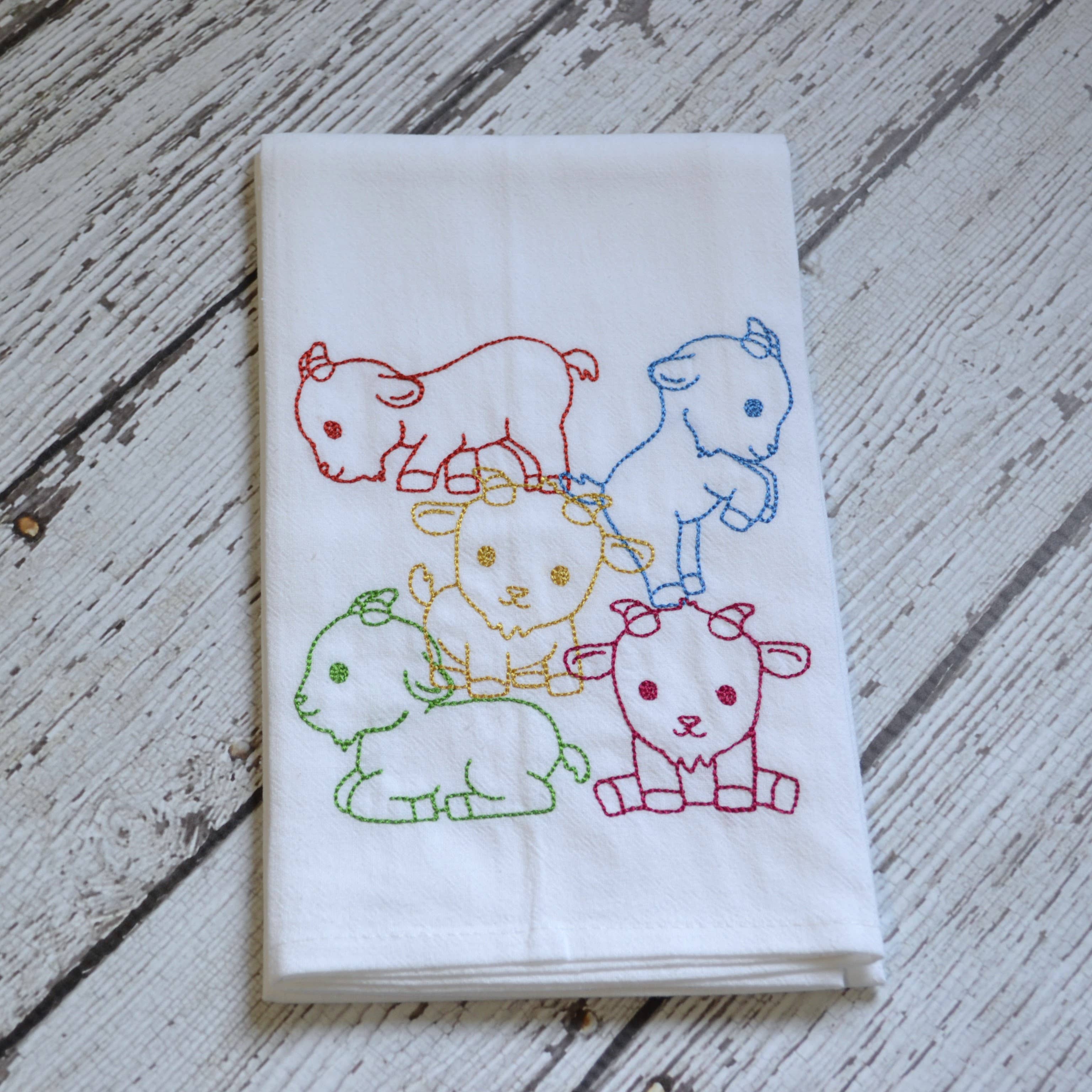 SewMuchMoreStore - Wholesale Tea Towel - Lots of Goats Tea Towel - Embroidered Floursack Towel0