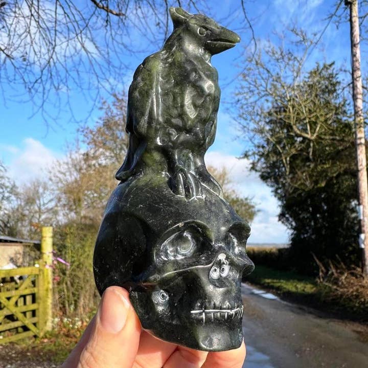 Nephrite Jade raven on skull wonky hence price awesome skull for wholesale by Elf Kendal Hippies