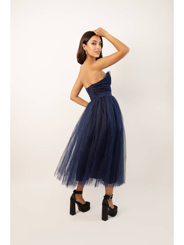 Nimo Dark Blue Tulle Midi Dress with Shell Cups for wholesale on Faire