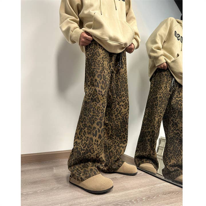 Leopard print jeans men's hiphop straight bootcut pants for wholesale on Faire