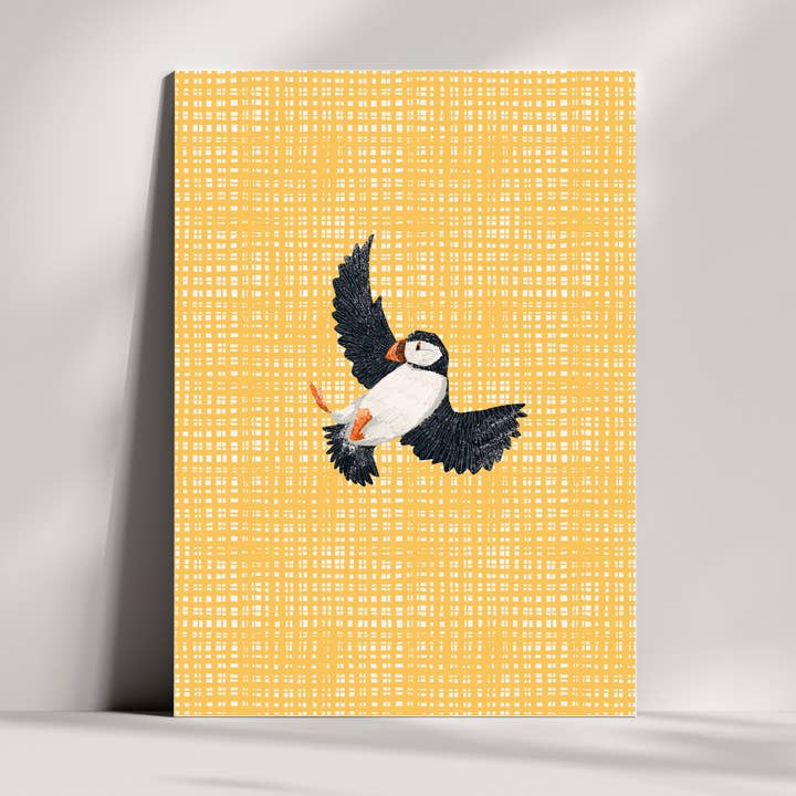 Puffin A4 Print op Gele Achtergrond voor wholesale door Ilana Ewing Designs