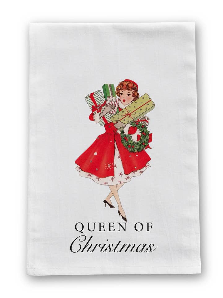 Queen of Christmas Vintage Retro Christmas Tea Towel for wholesale by Tatter'd Royals