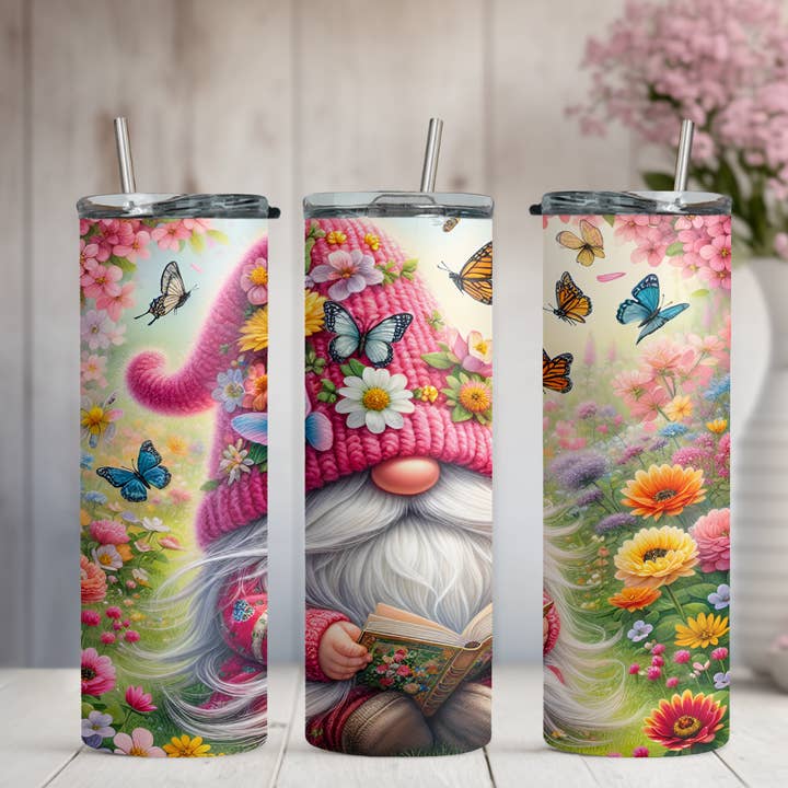 Happy Little Gnome Reading a Book 20oz Skinny Tumbler for wholesale by Honey Jar Creations