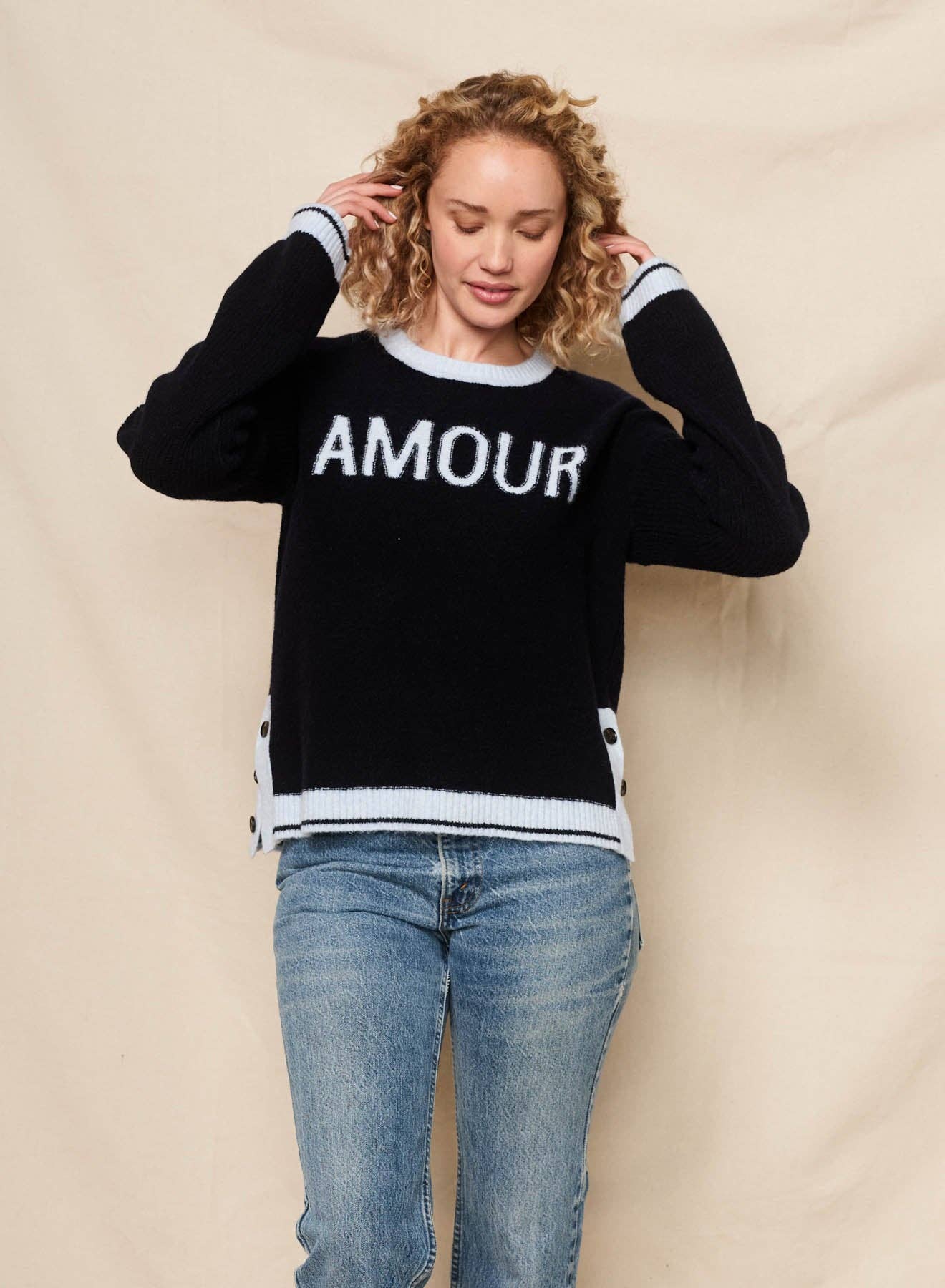 Sundry Amour Intarsia Sweater with Button Side Slits in Deep Navy for wholesale on Faire3
