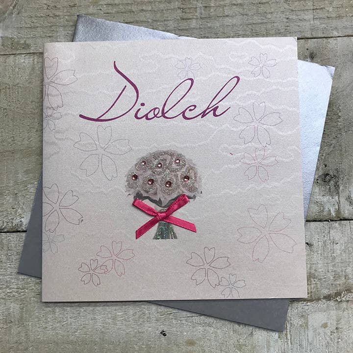 Diolch, handgjort walisiskt tackkort (BUKETT) (W-WB17) för wholesale av White Cotton Cards