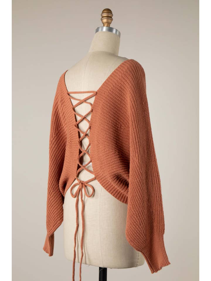 MIRACLE - Wholesale Knit Sweater - Women's - Dolman Sleeve Back Lace Up Cable Knit Sweater