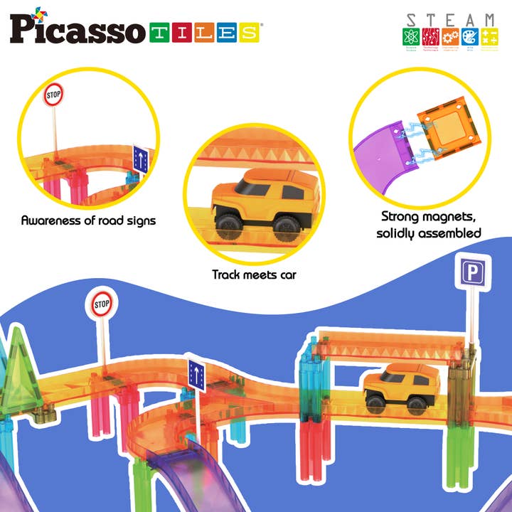 PicassoTiles - Wholesale Building Set - Kids - PicassoTiles 60pc Travel Size Magnetic Tile Race Track Set5