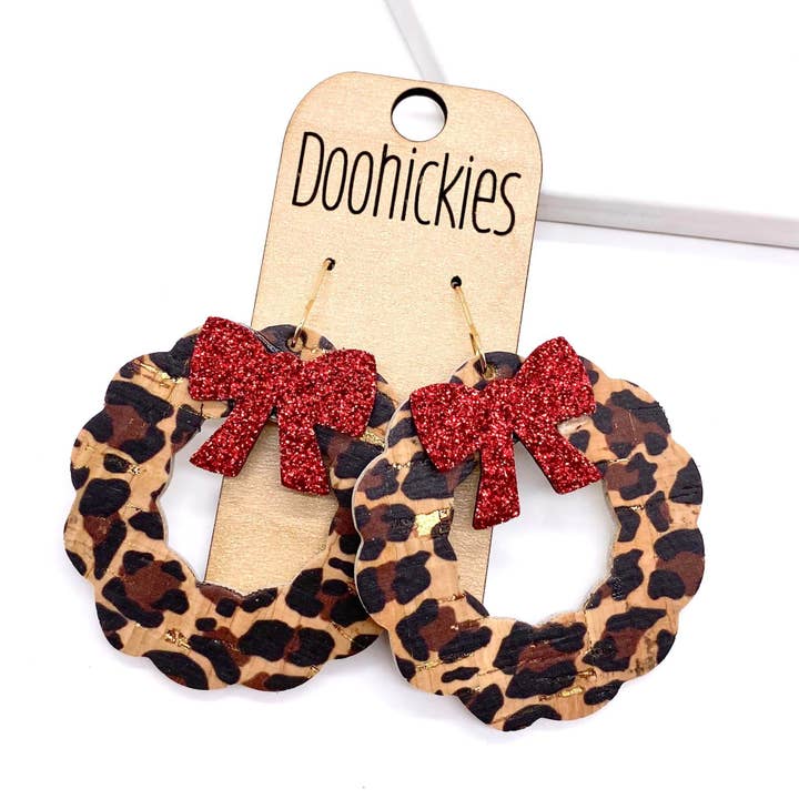 Doohickies - Wholesale Dangle Earrings - 2" Red Glitter Bow and Leopard Wreaths Dangles - Christmas Earrings