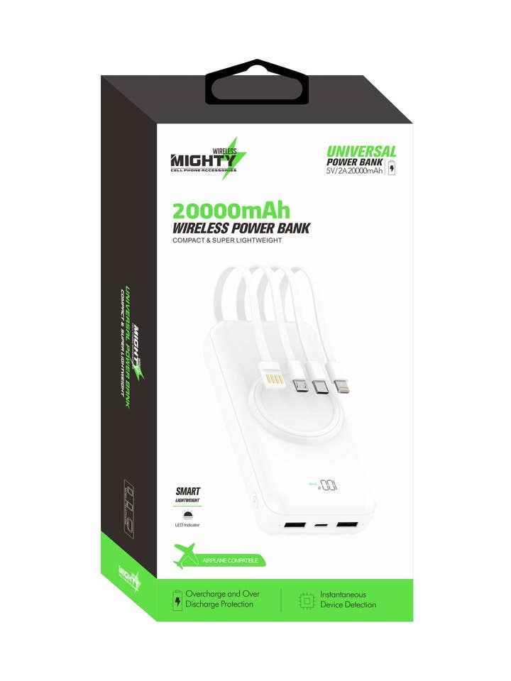 Mighty 20.000mAh 4 in 1 Cable Wireless Charging Power Bank for wholesale by Mighty Wireless