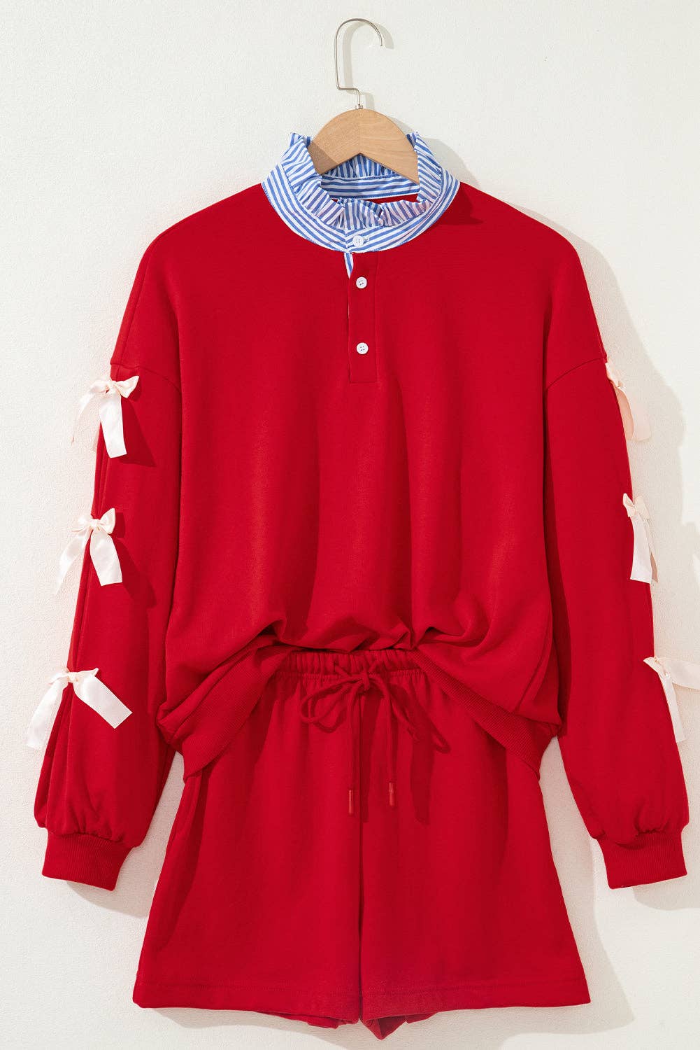 Racing Red Stripe Patchwork Collar Bow Sweatshirt and Shorts Set for wholesale on Faire1