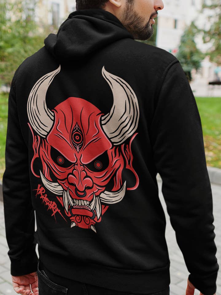 Felpa con cappuccio Oni Premium rossa giapponese Bushido per la vendita all'ingrosso da parte di XRAEART Clothing Co