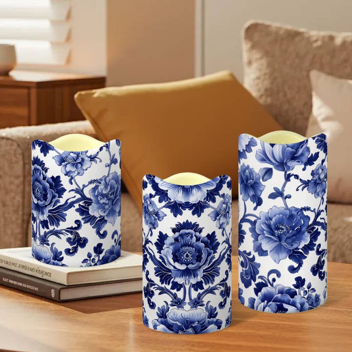 Conjunto de 3 Velas LED com Borda Ondulada em Porcelana Azul e Branca por atacado de Candles Meta
