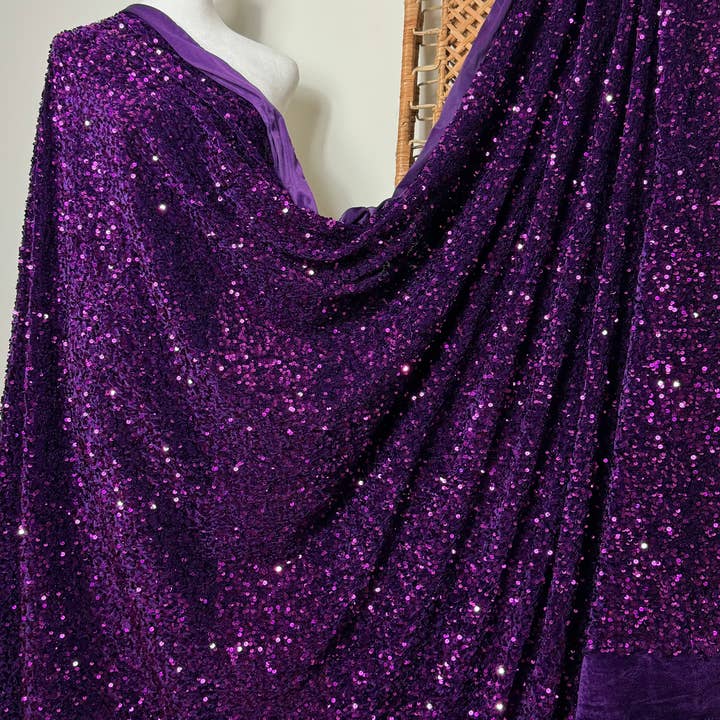 Purple Sequin Embroidered on Velvet Fabric by the yard for wholesale by GalaTextile