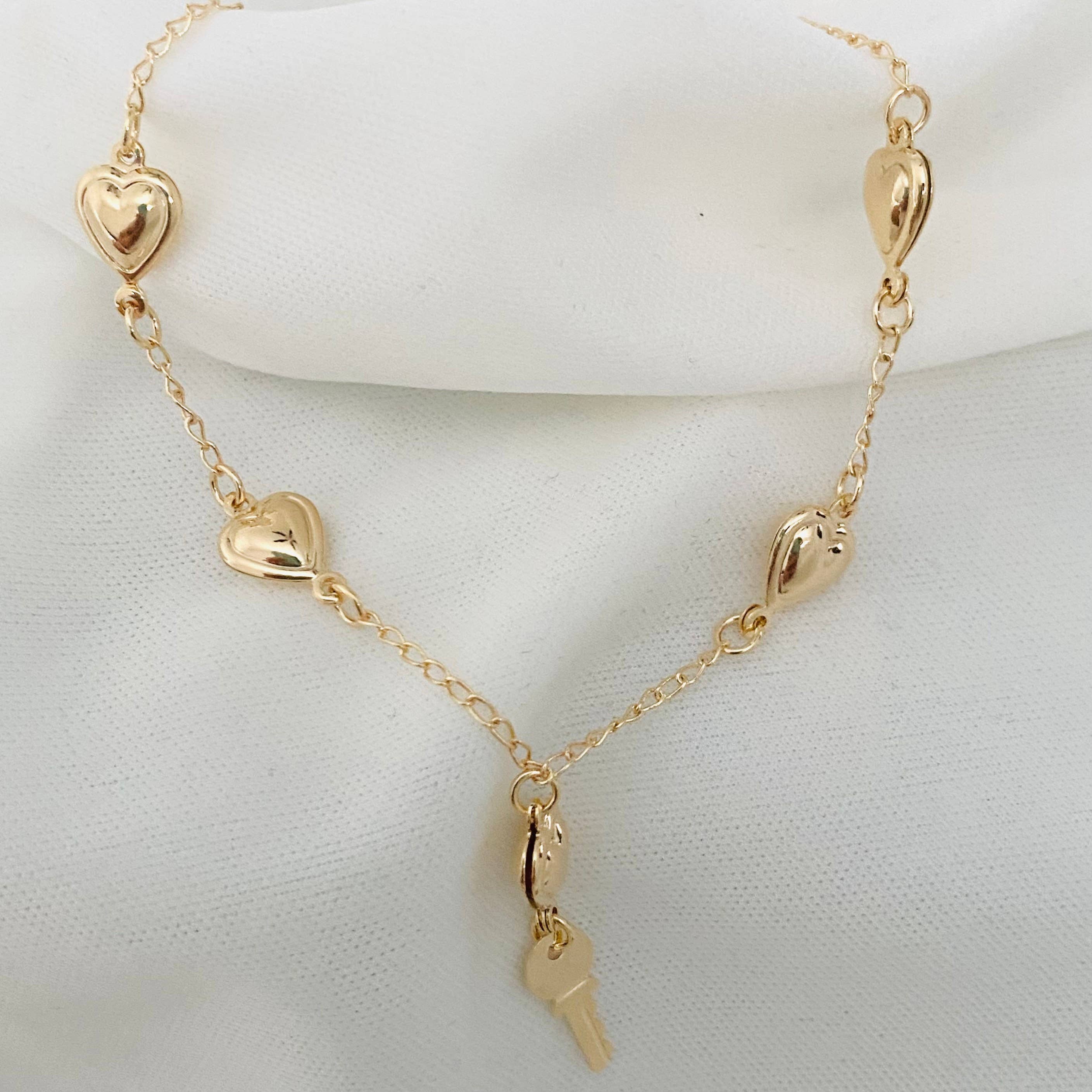 Housegoldjewelry - Wholesale Charm/Dangle Bracelet - Heart and Key Bracelet, 18k Gold Filled Heart Bracelet, Gold5