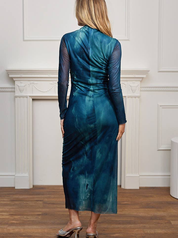 ANGELEYE – wholesale Dress – Women's – Mesh Long Sleeve Bodycon Midi Dress in Teal Watercolour3