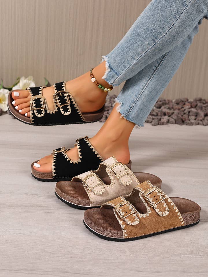 Embroidered Trim Retro Buckle Faux Suede Slippers for wholesale by 66DISCO