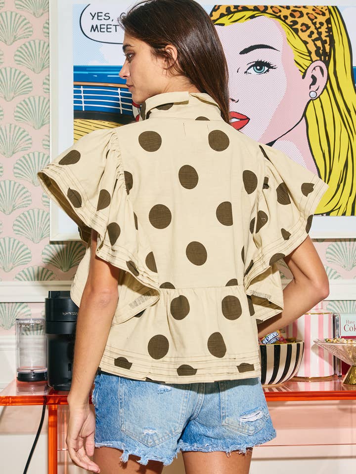 TAUPE IT2337B Pintuck Detail Polka Dot Ruffle Blouse Top for wholesale on Faire7