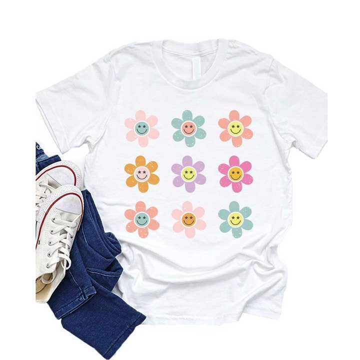 Retro Smiley Daisy Grid, Spring Floral, Kids Graphic Tee for wholesale by Kids By Kissed Apparel