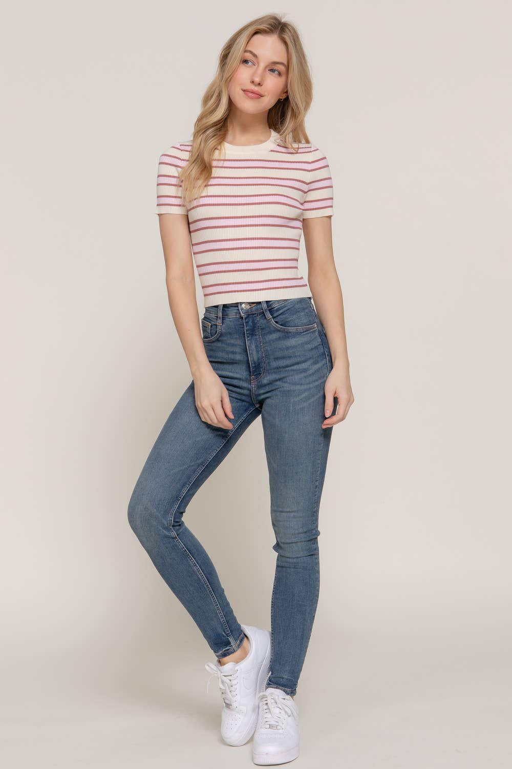 Active Basic | Active USA - Wholesale Knit Top - Women's - Short Sleeve Crew Neck Multi Stripe Spring Sweater7