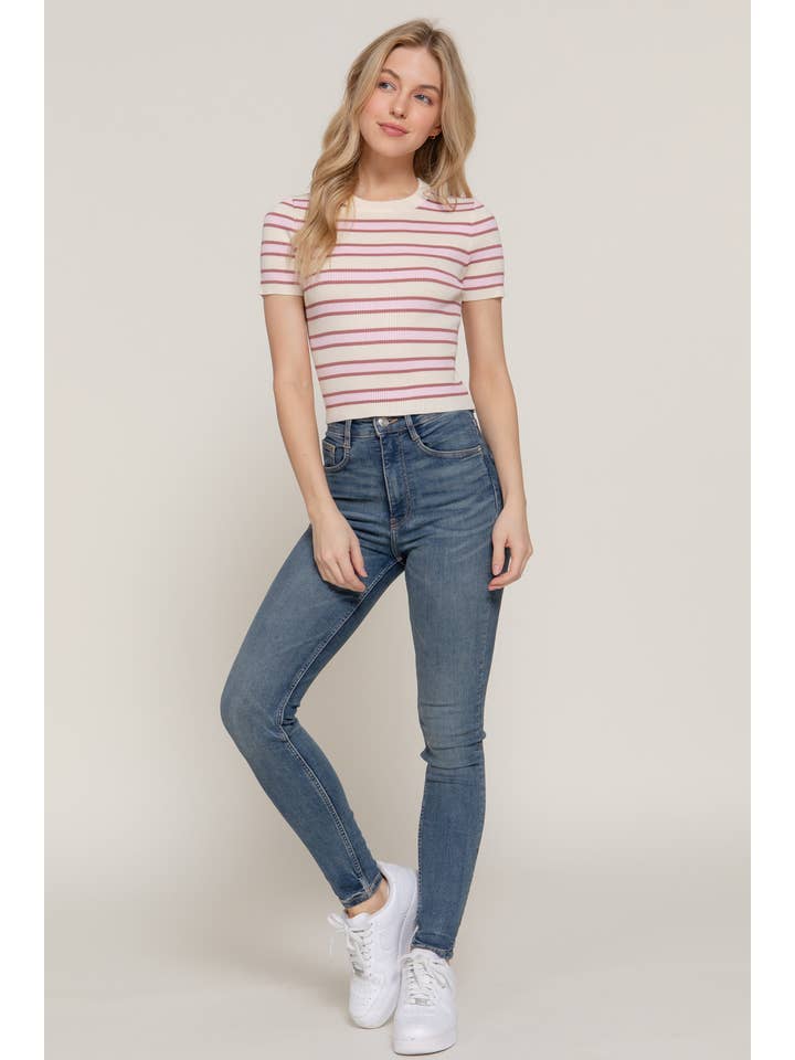 Active Basic | Active USA - Wholesale Knit Top - Women's - Short Sleeve Crew Neck Multi Stripe Spring Sweater7