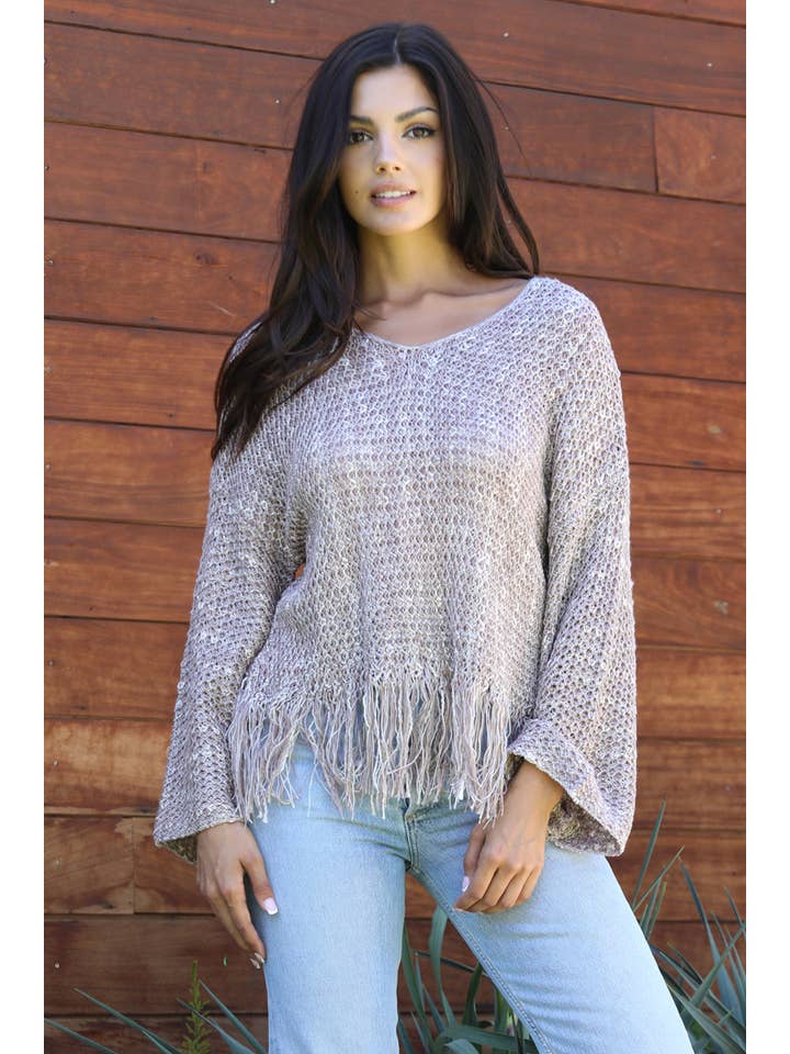 ANGIE - Wholesale Knit Sweater - Women's - XHN03-ASIS V NECK FRINGE HEM PULLOVER SWEATER19