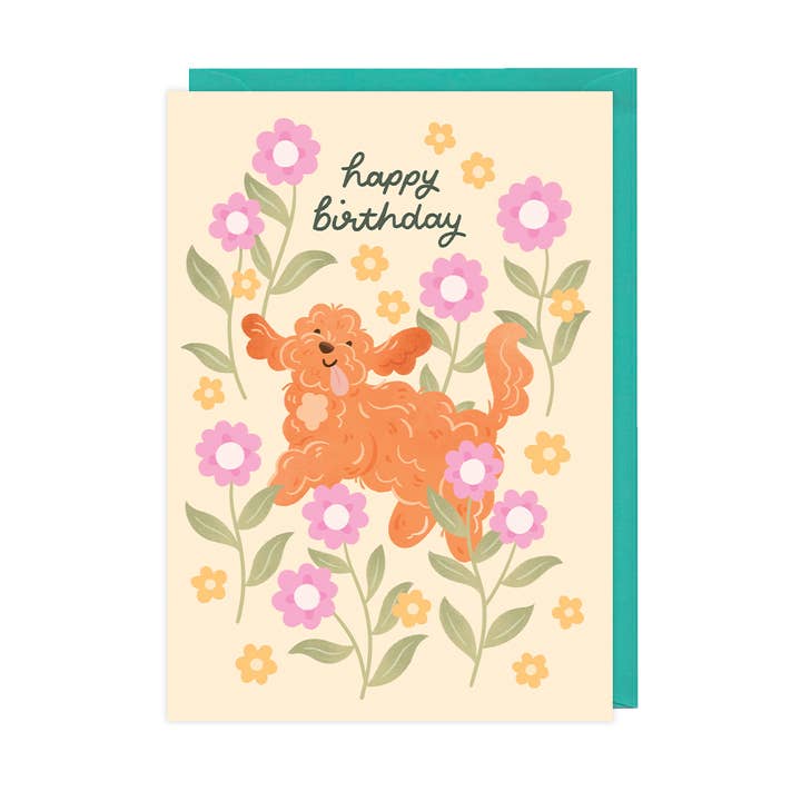 Cockapoo Flowers, Cute Dog Birthday Card for wholesale by Hopscotch Paper Co.