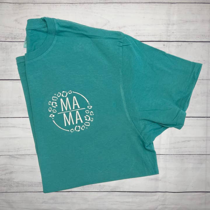 Mama Round Leopard Frame Embroidered Short Sleeve TShirt for wholesale by Handmade Pieces Company LLC