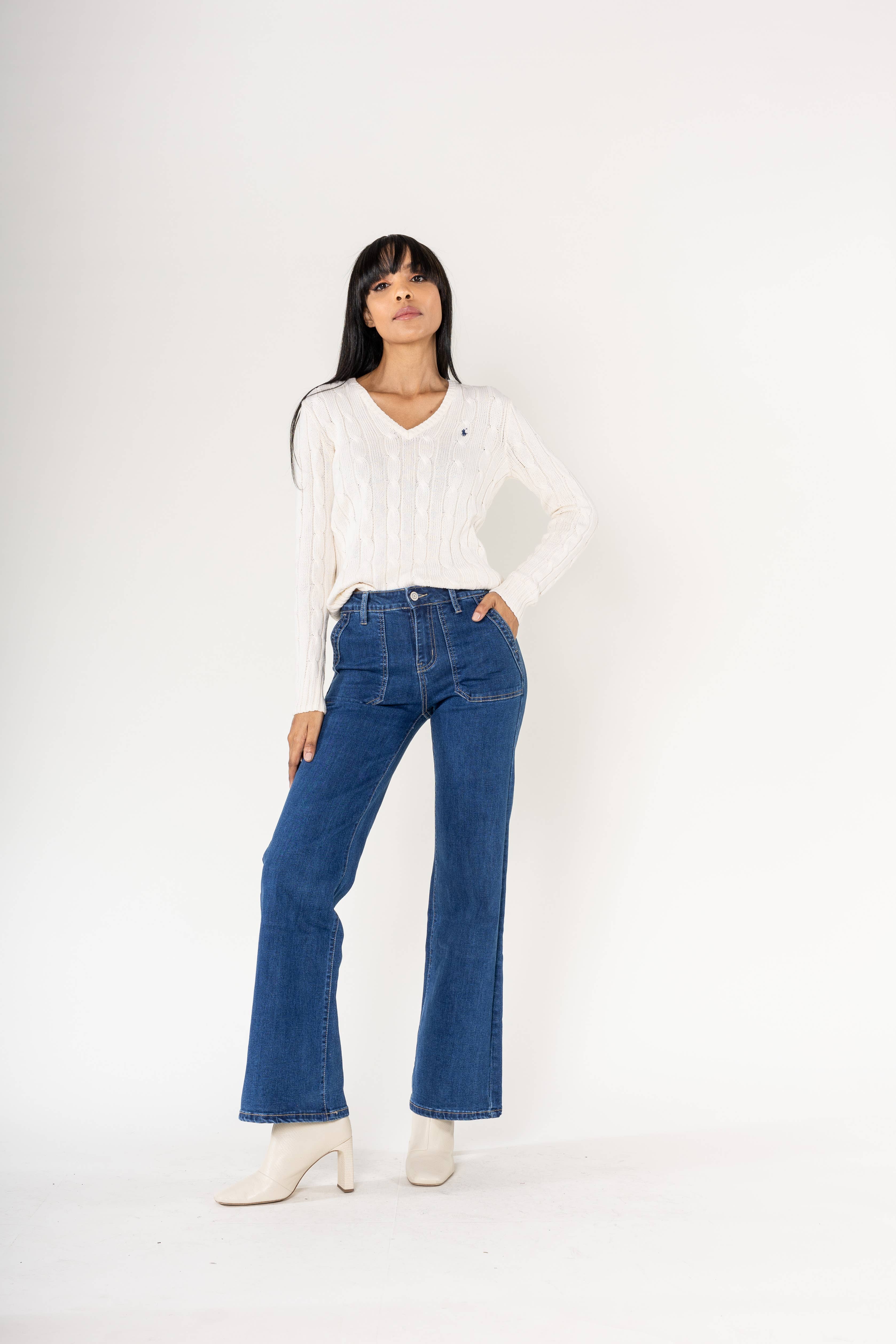 Nina Carter - Vendita all'ingrosso Jeans - Donna - Jeans svasati elasticizzati a vita alta larghi P1238