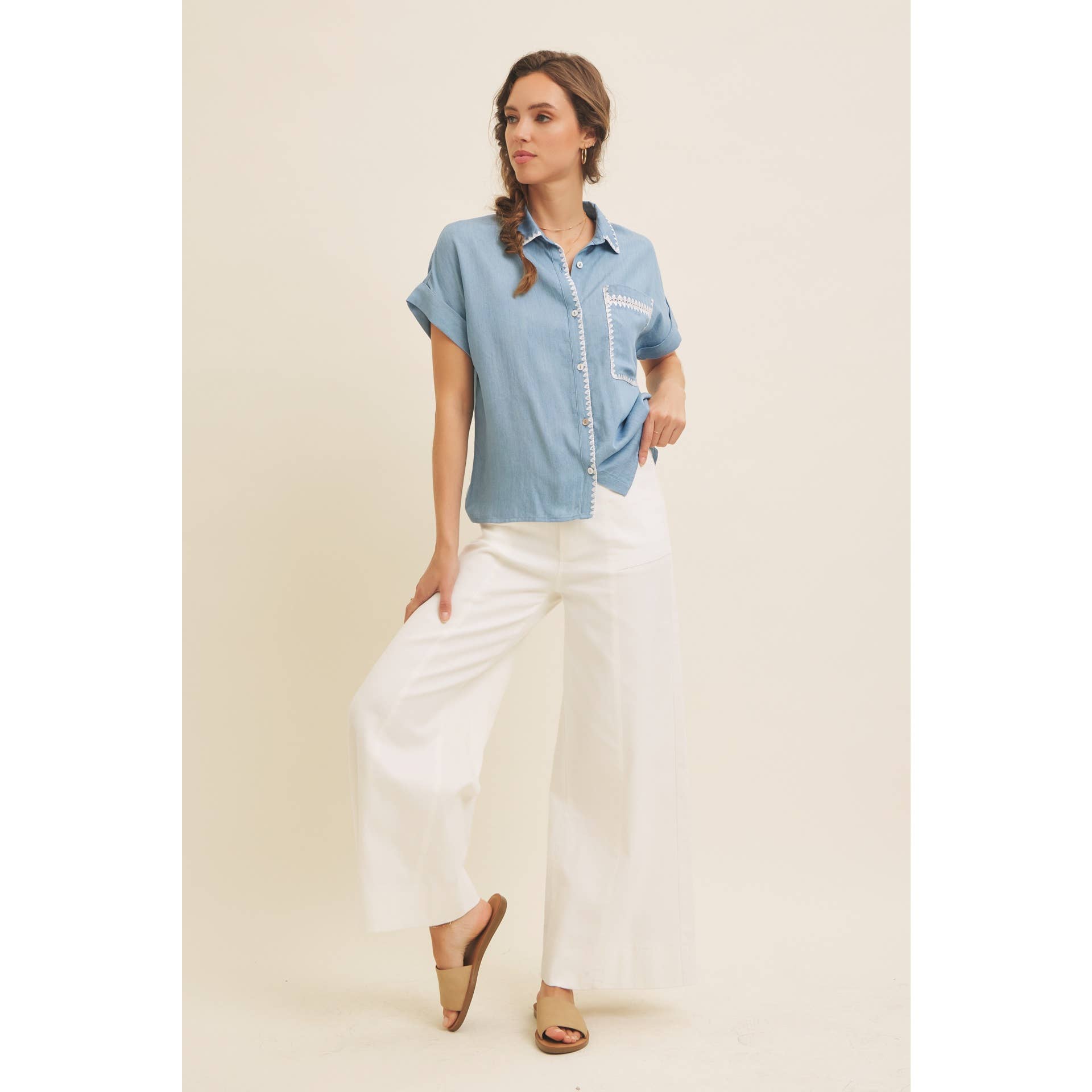 WASHED CHAMBRAY BUTTON-DOWN SHIRT WITH STITCHING for wholesale on Faire11