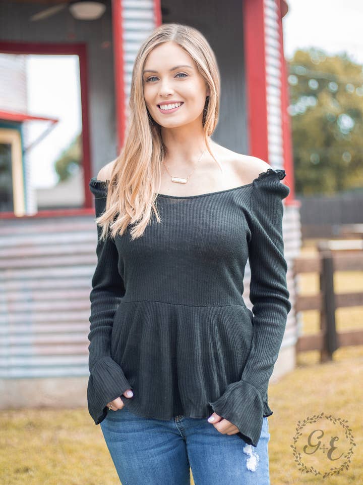How 'Bout Those Ruffles Long Sleeve With Neck Line Ruffles, Black for wholesale by GRACE+EMMA by Southern Grace