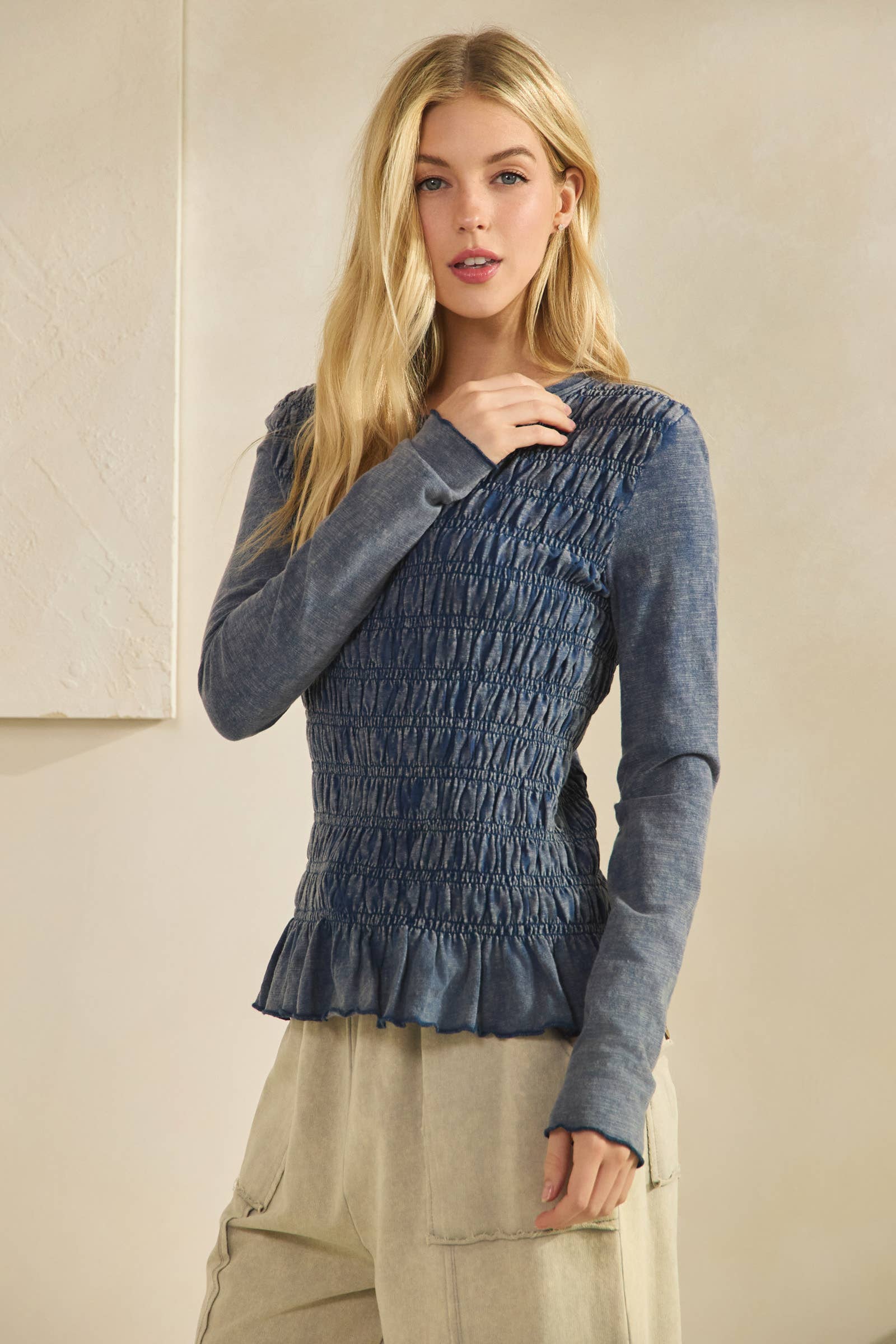 Sage + Fig - Wholesale Knit Top - Women's - SMOCKED PEPLUM LONG SLEEVE TOP (ST7986) 13