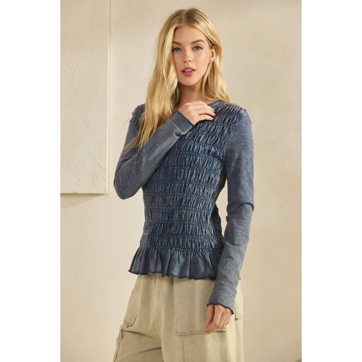 Sage + Fig - Wholesale Knit Top - Women's - SMOCKED PEPLUM LONG SLEEVE TOP (ST7986) 13
