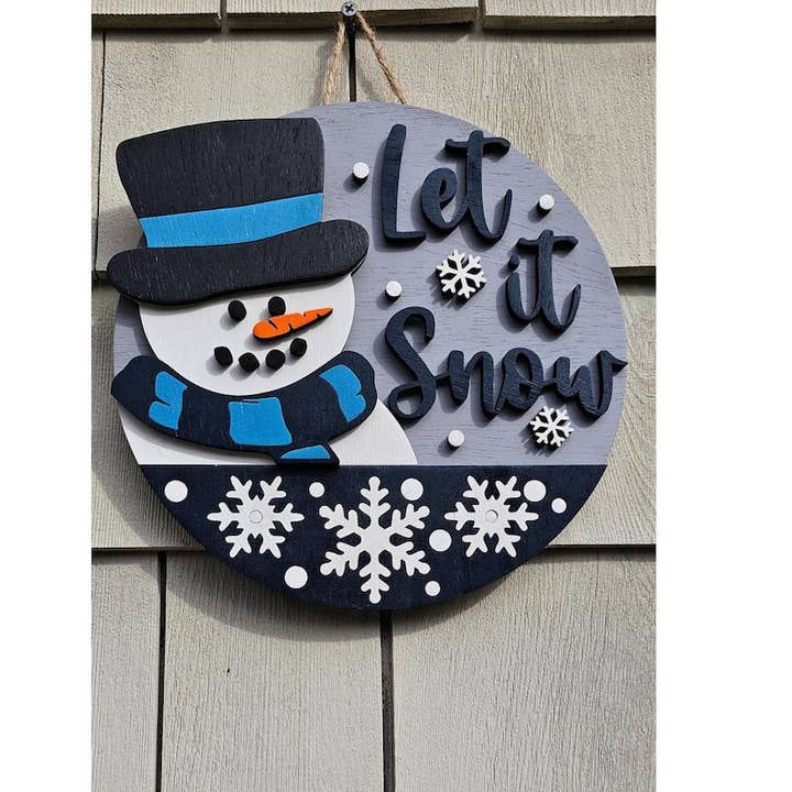 Snowman Door Hanger Let It Snow Rustic Birch Wood Winter Sign for wholesale by Southcoast Lasersmith