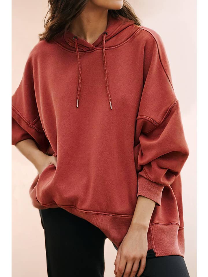 Red Drop Shoulder Pocketed Baggy Drawstring Hoodie for wholesale on Faire
