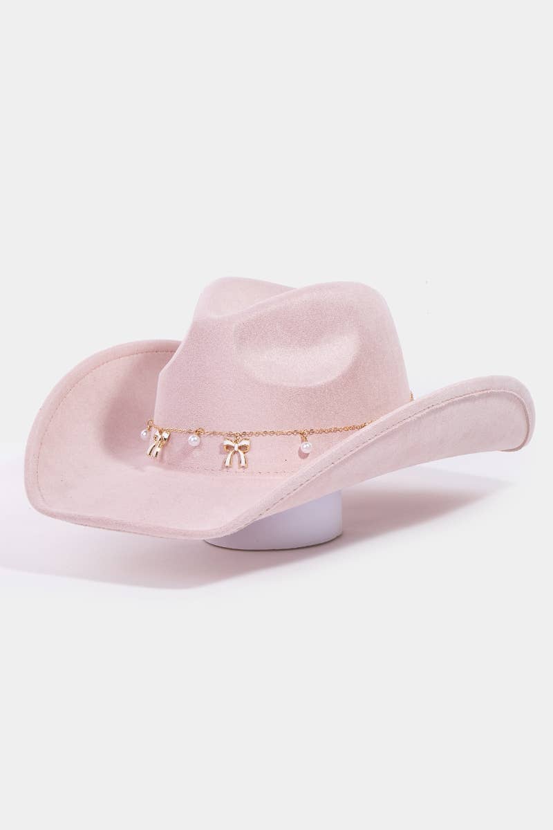 Collections by Fame Accessories - Wholesale Fedora - Women's - Ribbon Bow Pearl Chain Western Cowboy Hat3