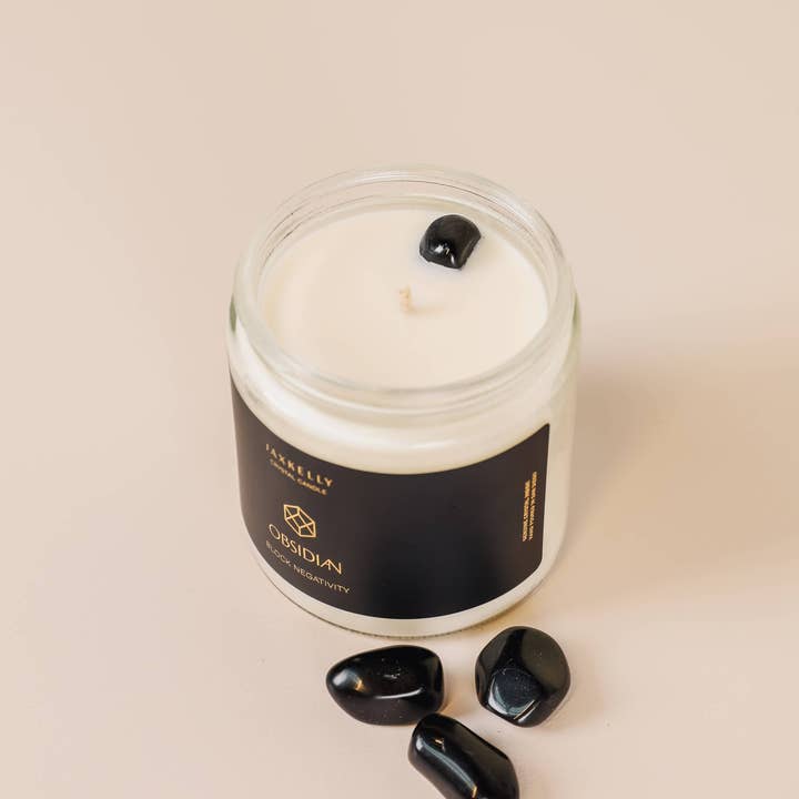 JaxKelly Candles - Wholesale Jar/Filled Candle - 4oz Clear Crystal Candles - Obsidian - Block Negativity2