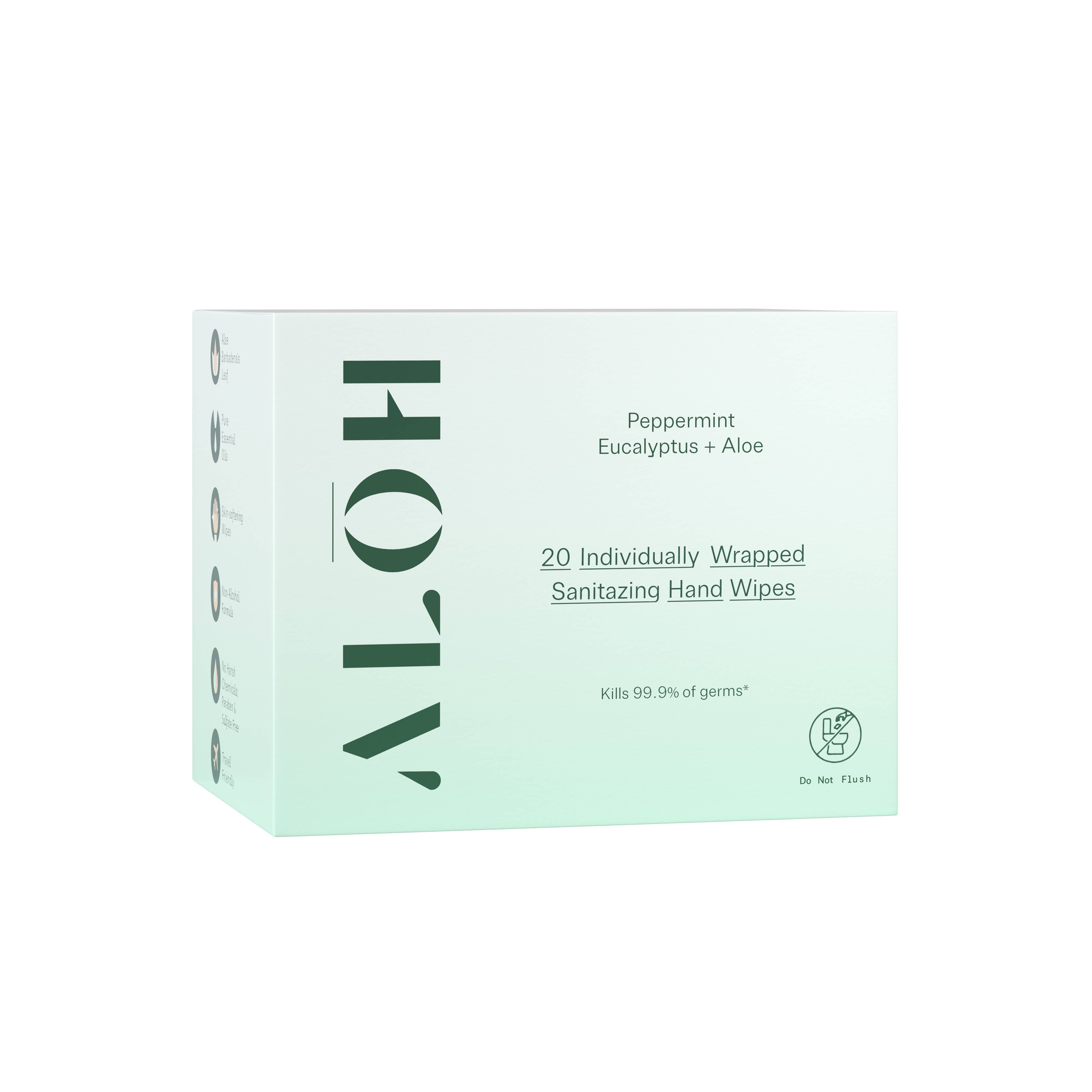 ALŌH - Wholesale Hand Sanitizer - Peppermint Eucalyptus + Aloe Individually Wrapped Sanitizing Hand Wipes