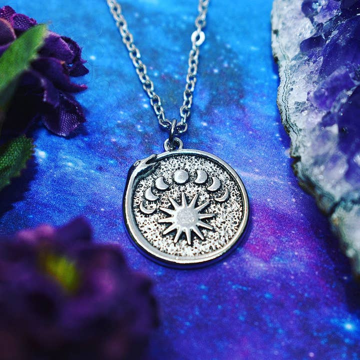 snake ouroboros necklace, moon phase, sun, witch jewelry, wicca jewelry for wholesale by JorieJewelry