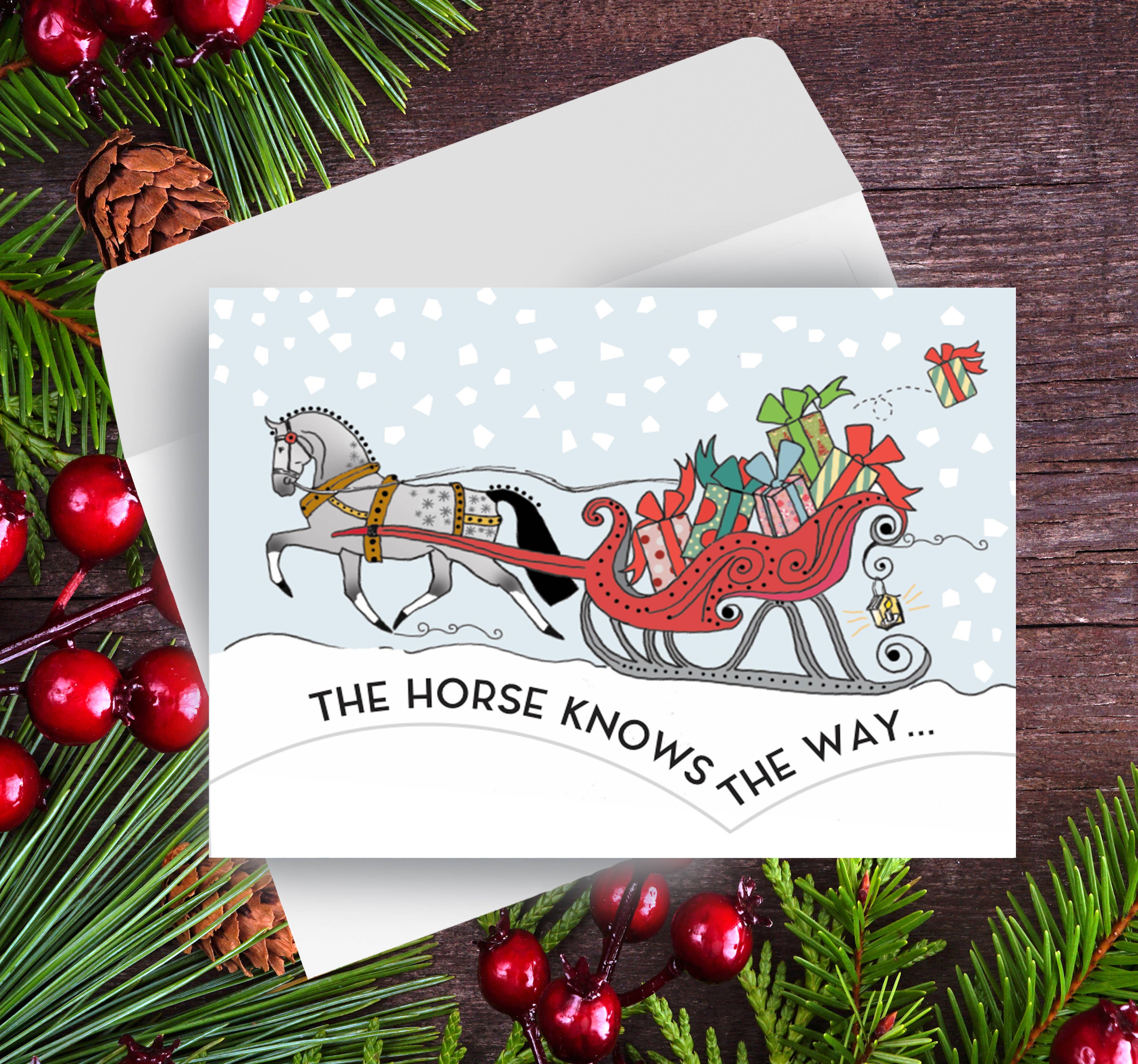 Horse Hollow Press / Pretty Funny Snarky Cards/Stickers - Wholesale Christmas Card - Horse Boxed Christmas Cards / Sleigh & Package / 8 Holiday 
1