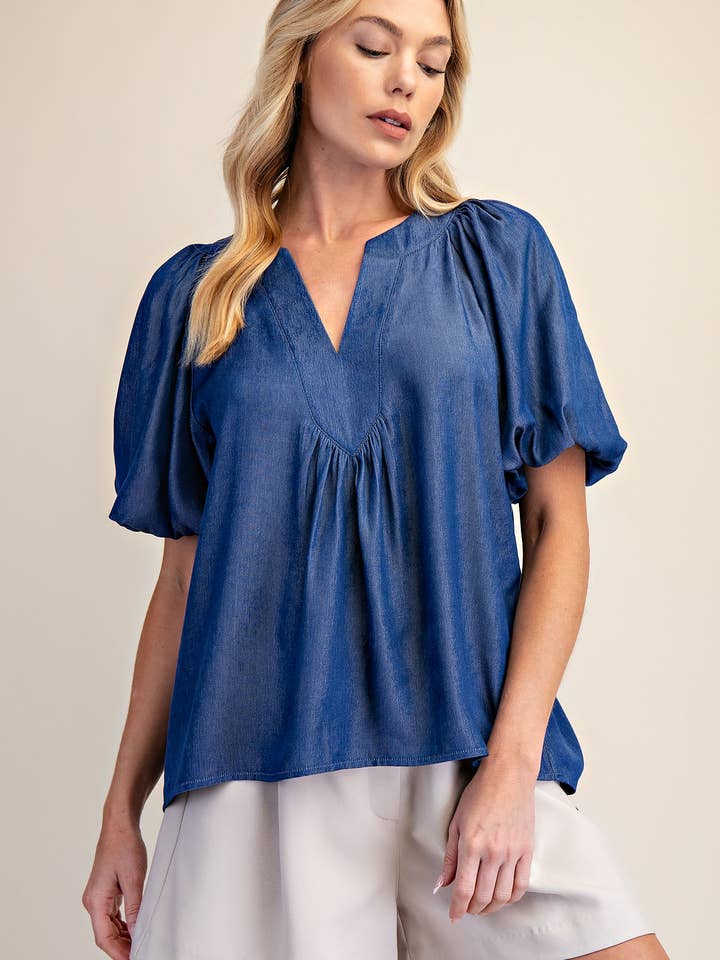 V-ringad topp med knappslå och ballongärmar för wholesale av Glam