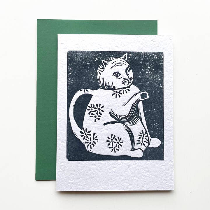 Kitty Tekanna tomt boktryck linocut kort för wholesale av Loaded Hips Press