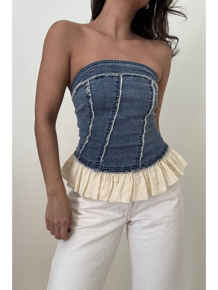 Denim Tube Top With Eyelet Frilled Hem for wholesale by Et Clet