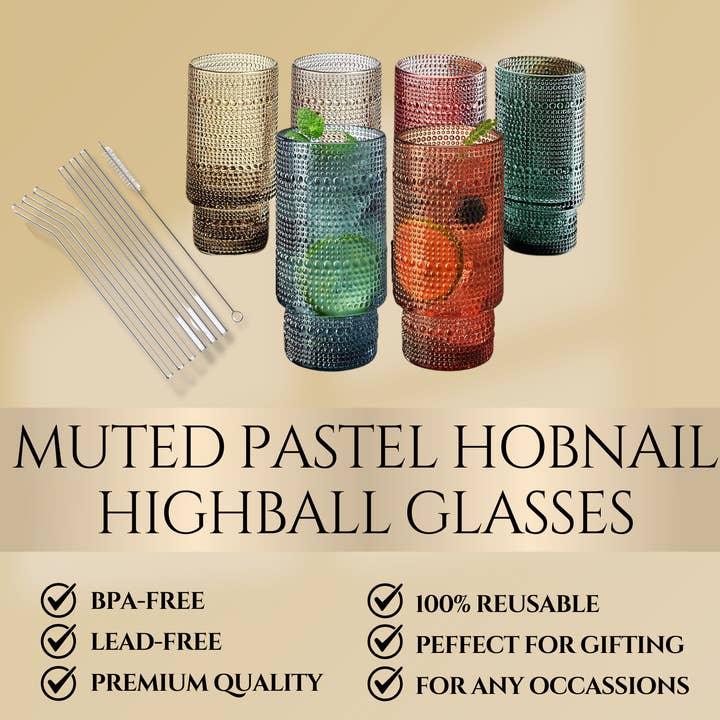 The Wine Savant / Khen Glassware - Wholesale Cocktail/Liquor Glass - Hobnail Highball Glasses | Set of 6 | with Glass Straws