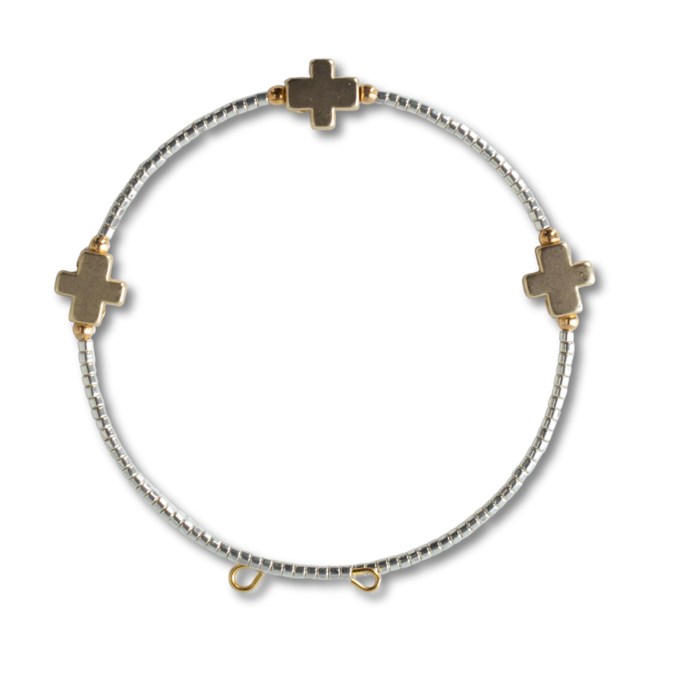 Lenny & Eva – wholesale Bangle bracelet – Faithful Beaded Cross Bangle w/ Matte Gold Crosses-Silver2